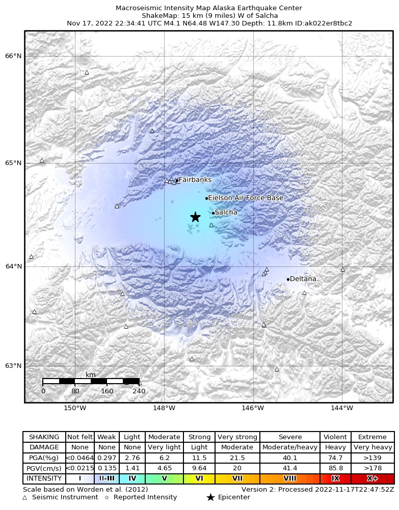 USGS ShakeMap intensity contours for the M4.0 earthquake near 19 km WSW of Salcha, Alaska