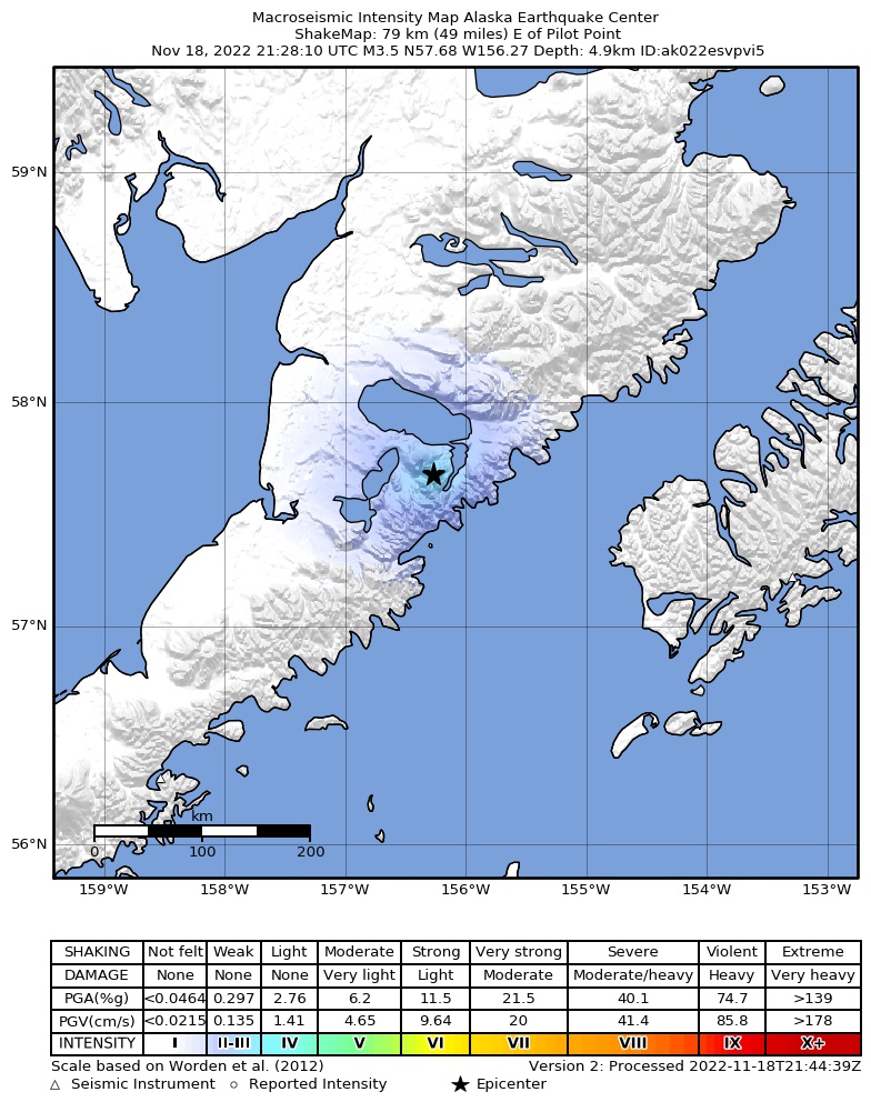 USGS ShakeMap intensity contours for the M3.6 earthquake near 74 km ENE of Ugashik, Alaska