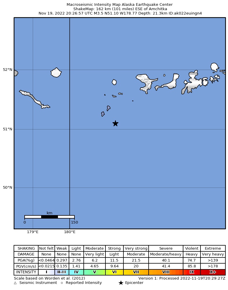 USGS ShakeMap intensity contours for the M3.6 earthquake near Andreanof Islands, Aleutian Islands, Alaska