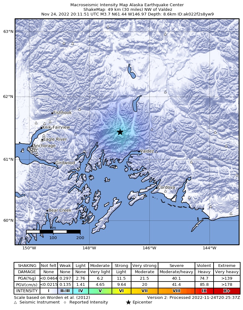 USGS ShakeMap intensity contours for the M3.7 earthquake near 48 km NW of Valdez, Alaska