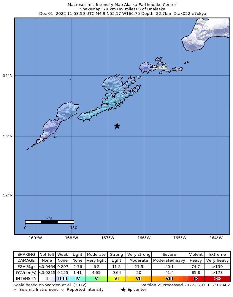 USGS ShakeMap intensity contours for the M4.8 earthquake near 82 km SSW of Unalaska, Alaska