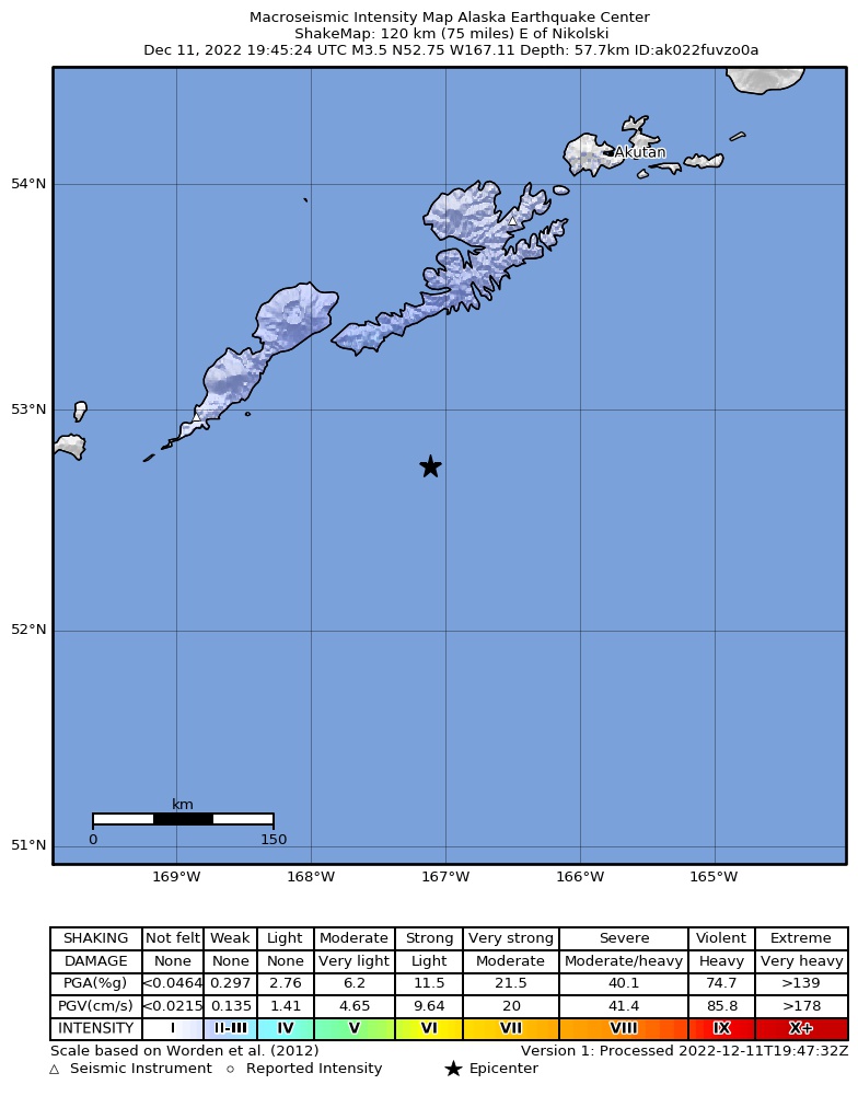 USGS ShakeMap intensity contours for the M4.1 earthquake near 136 km ESE of Nikolski, Alaska