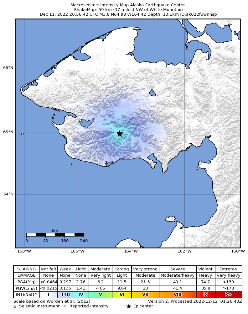 USGS ShakeMap intensity contours for the M3.8 earthquake near 46 km N of Solomon, Alaska