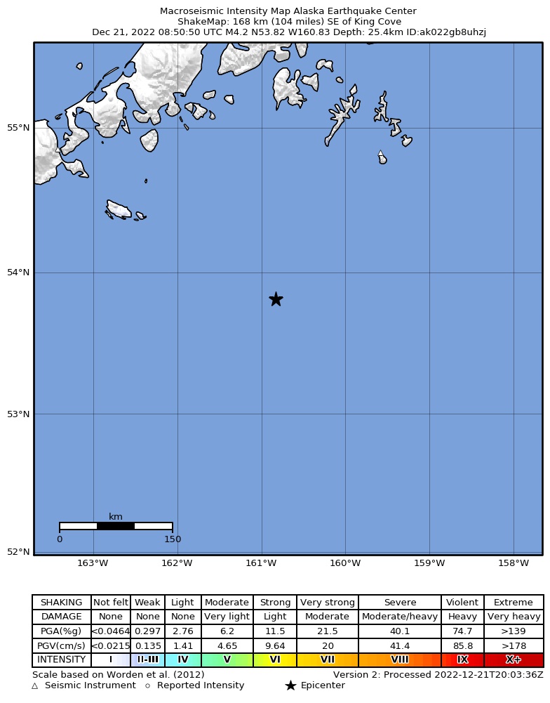 USGS ShakeMap intensity contours for the M4.9 earthquake near 159 km SE of King Cove, Alaska