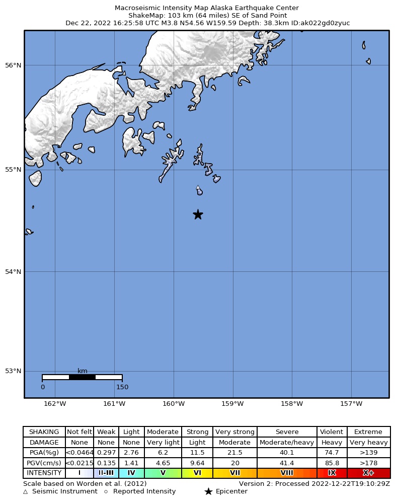USGS ShakeMap: estimated shaking intensity around the epicenter
