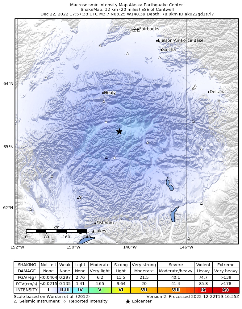 USGS ShakeMap intensity contours for the M3.7 earthquake near 32 km ESE of Cantwell, Alaska