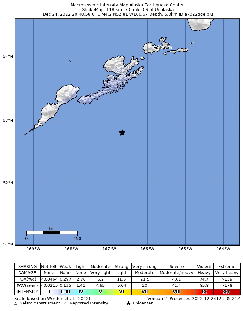 USGS ShakeMap intensity contours for the M4.6 earthquake near 124 km S of Unalaska, Alaska