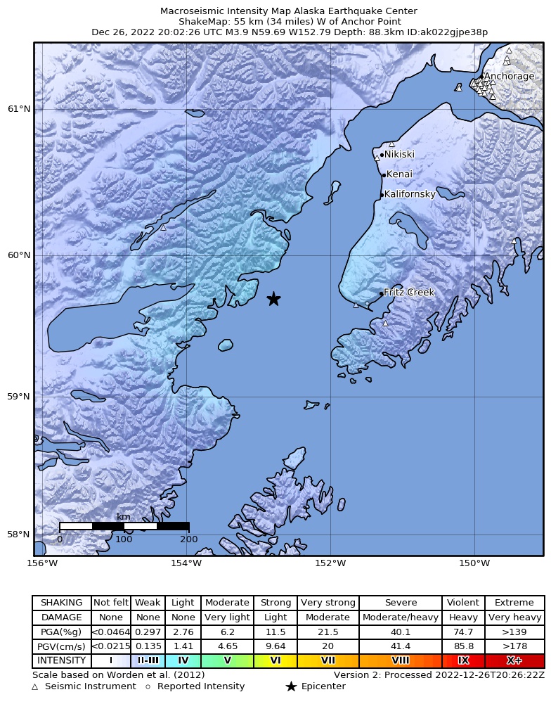 USGS ShakeMap intensity contours for the M3.9 earthquake near 56 km W of Anchor Point, Alaska