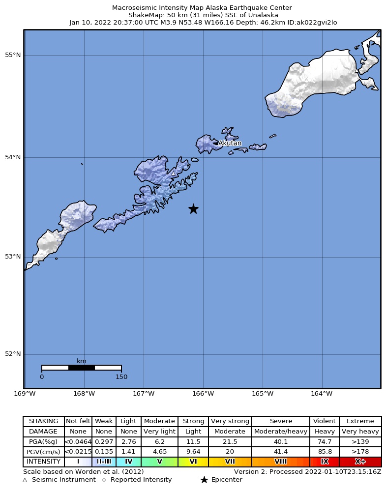 USGS ShakeMap intensity contours for the M4.0 earthquake near 58 km SSE of Unalaska, Alaska