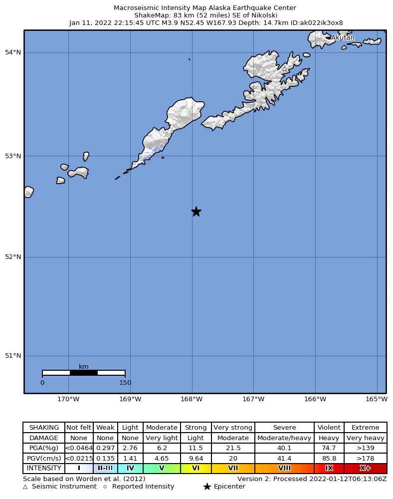 USGS ShakeMap intensity contours for the M4.6 earthquake near 96 km SE of Nikolski, Alaska