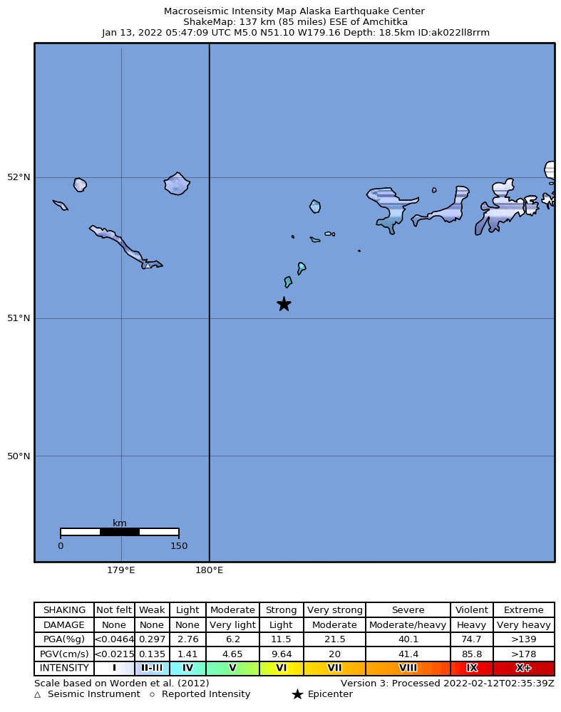 USGS ShakeMap intensity contours for the M5.1 earthquake near Andreanof Islands, Aleutian Islands, Alaska