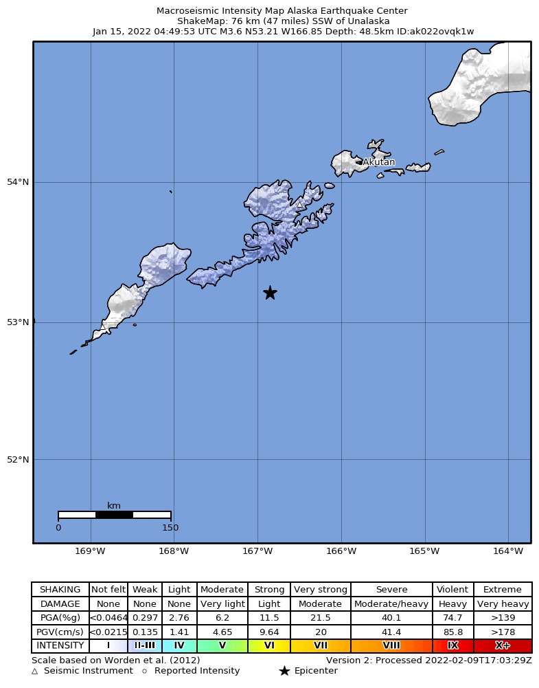USGS ShakeMap: estimated shaking intensity around the epicenter
