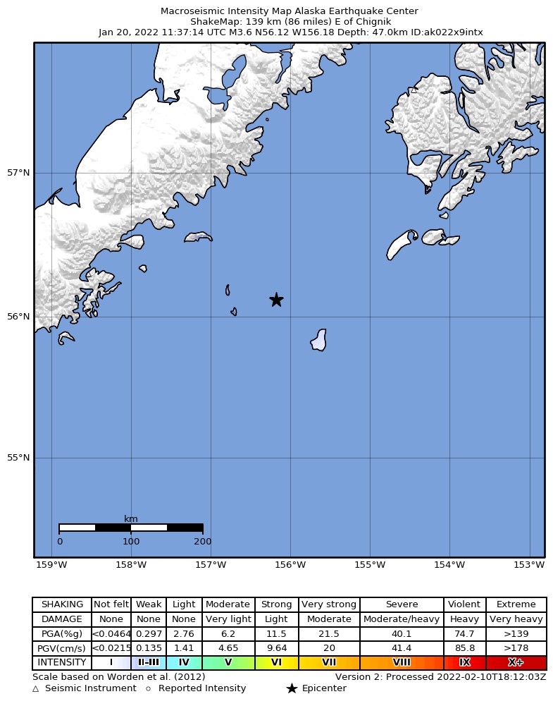 USGS ShakeMap: estimated shaking intensity around the epicenter