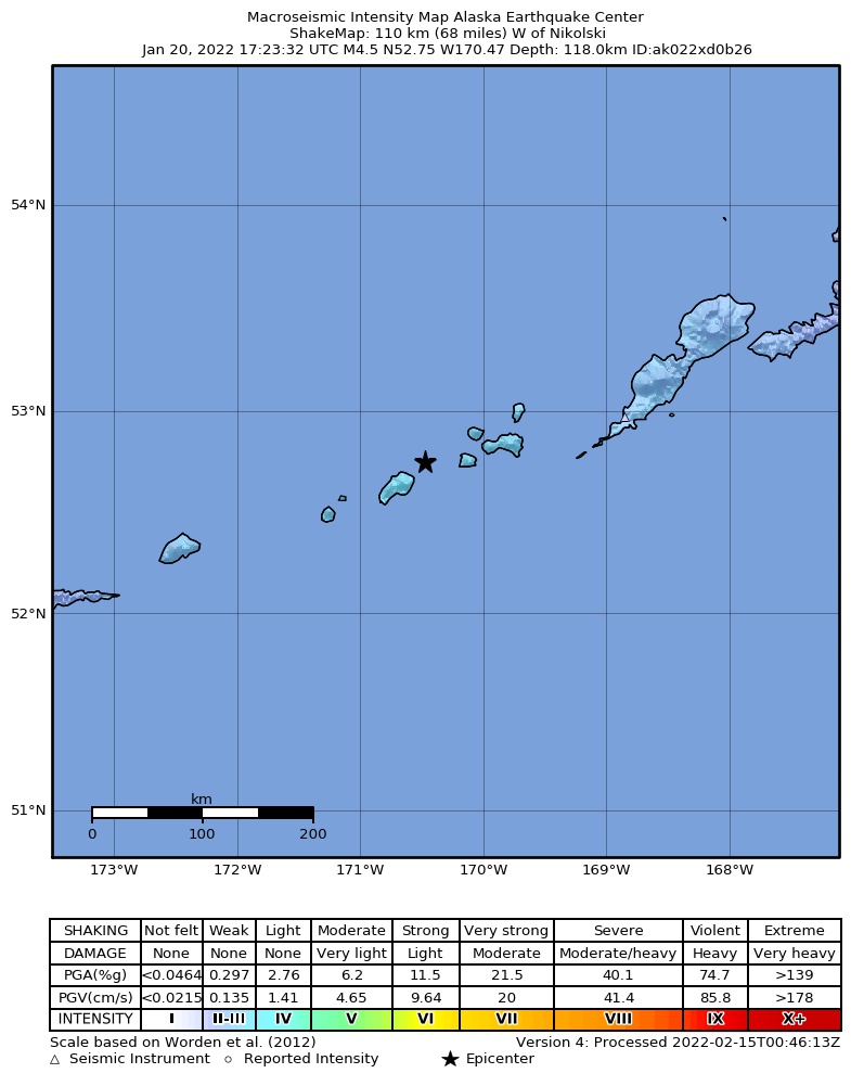 USGS ShakeMap intensity contours for the M4.6 earthquake near 120 km W of Nikolski, Alaska
