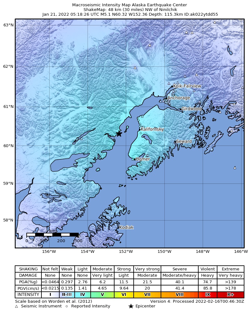 USGS ShakeMap intensity contours for the M5.1 earthquake near 48 km NW of Ninilchik, Alaska