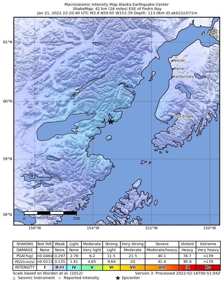 USGS ShakeMap intensity contours for the M3.8 earthquake near 42 km ESE of Pedro Bay, Alaska