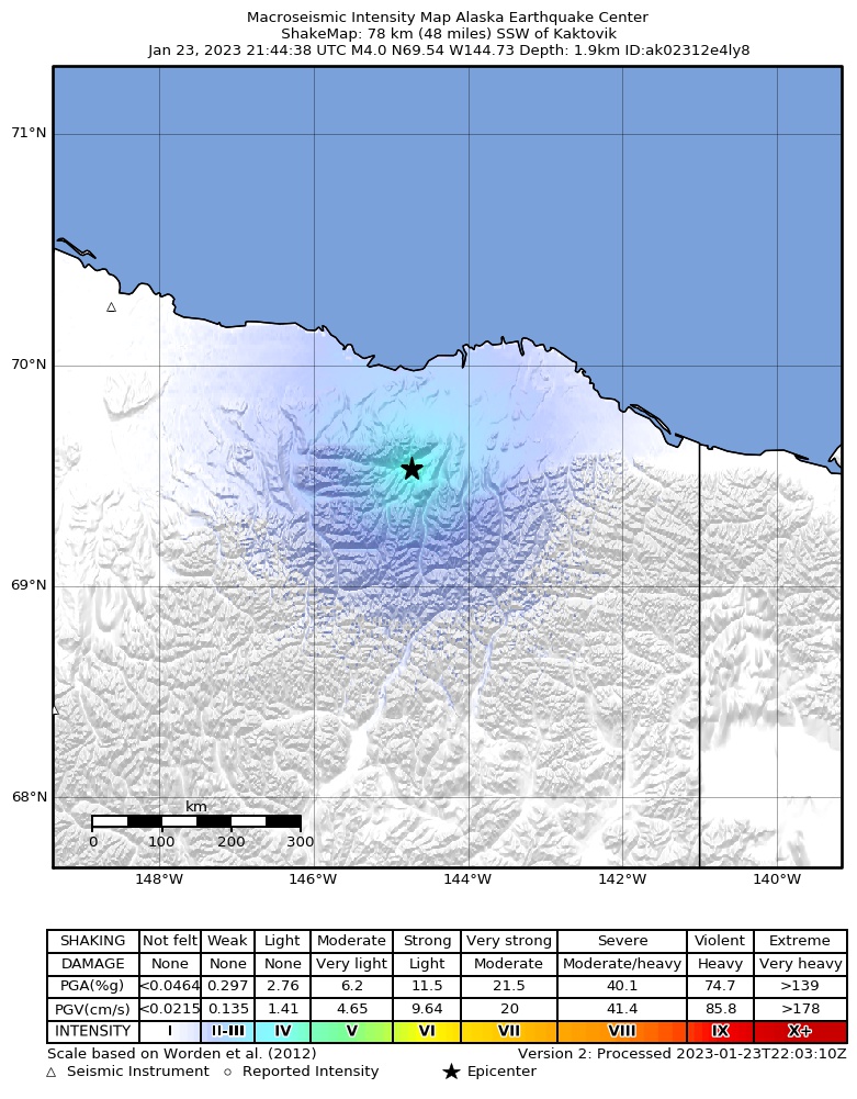 USGS ShakeMap intensity contours for the M4.1 earthquake near 71 km SW of Kaktovik, Alaska
