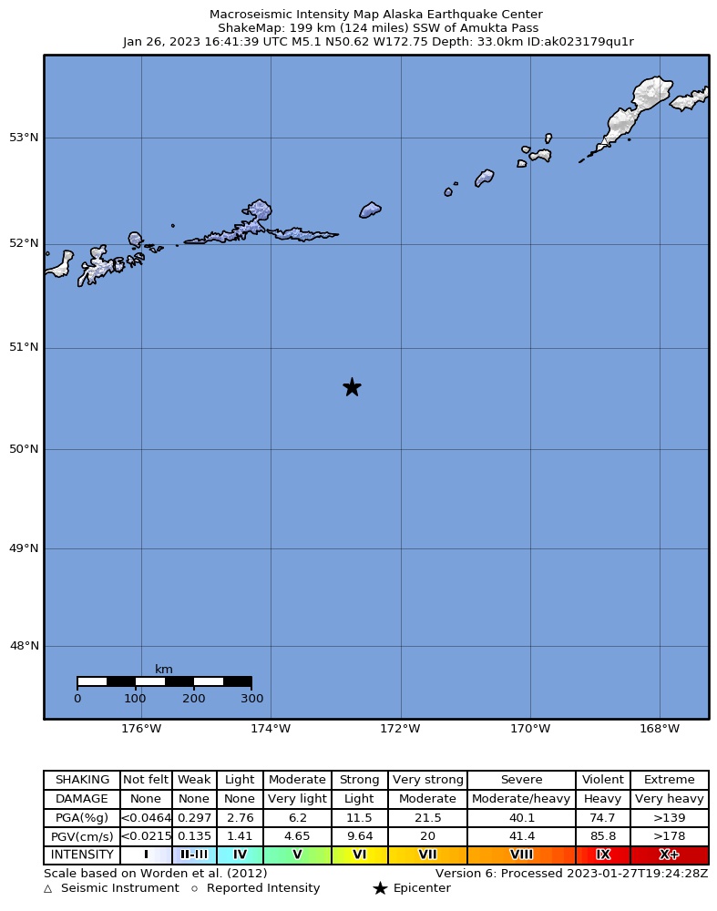 USGS ShakeMap intensity contours for the M5.1 earthquake near 208 km SSE of Atka, Alaska