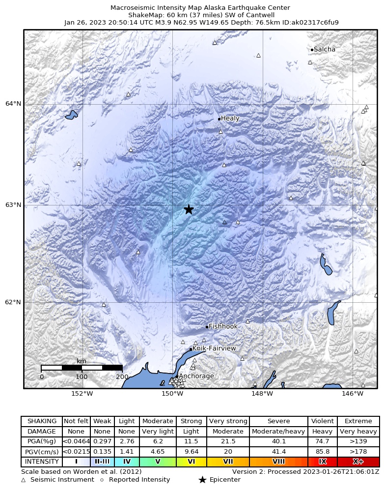 USGS ShakeMap intensity contours for the M3.8 earthquake near Central Alaska
