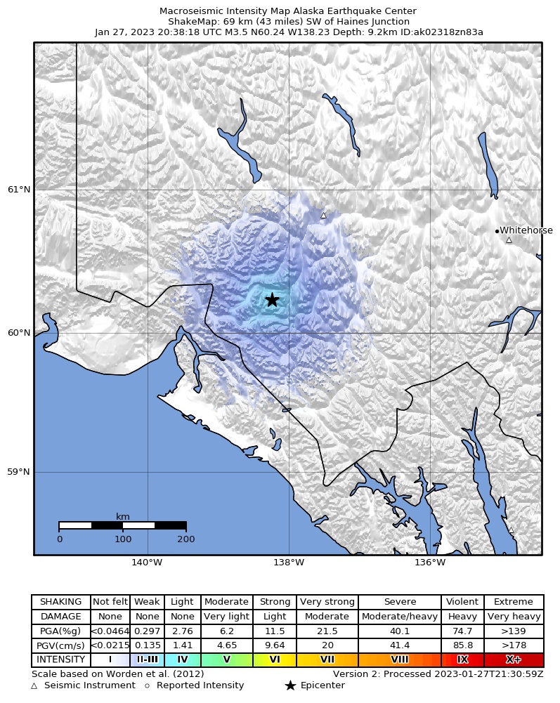 USGS ShakeMap intensity contours for the M3.7 earthquake near 67 km SSW of Haines Junction, Canada