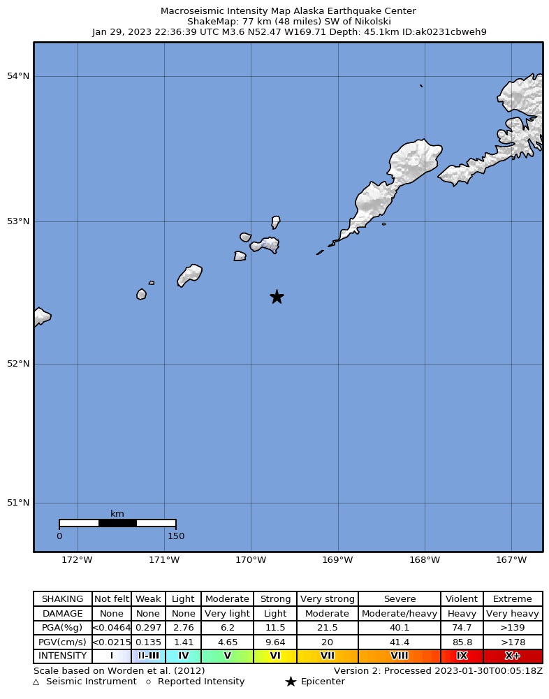 USGS ShakeMap intensity contours for the M4.0 earthquake near 78 km SW of Nikolski, Alaska
