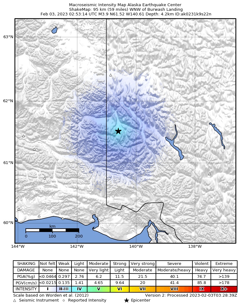 USGS ShakeMap: estimated shaking intensity around the epicenter