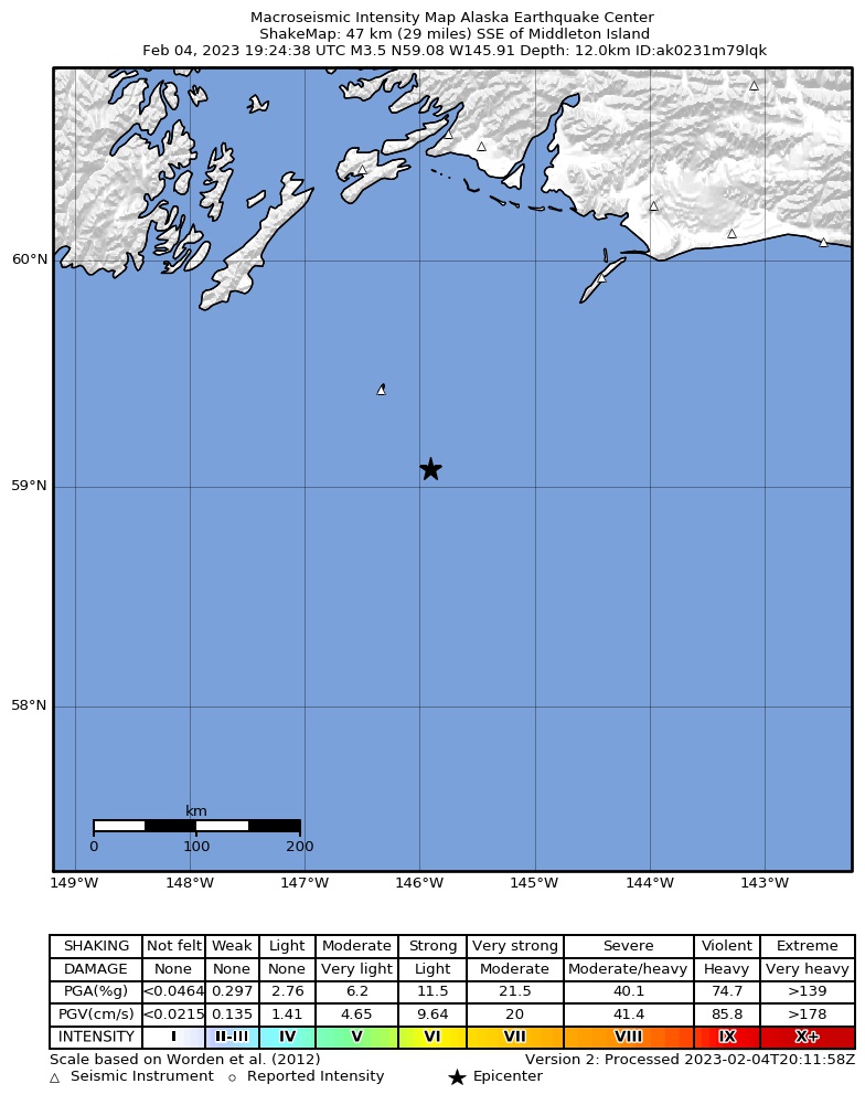 USGS ShakeMap intensity contours for the M3.6 earthquake near Gulf of Alaska