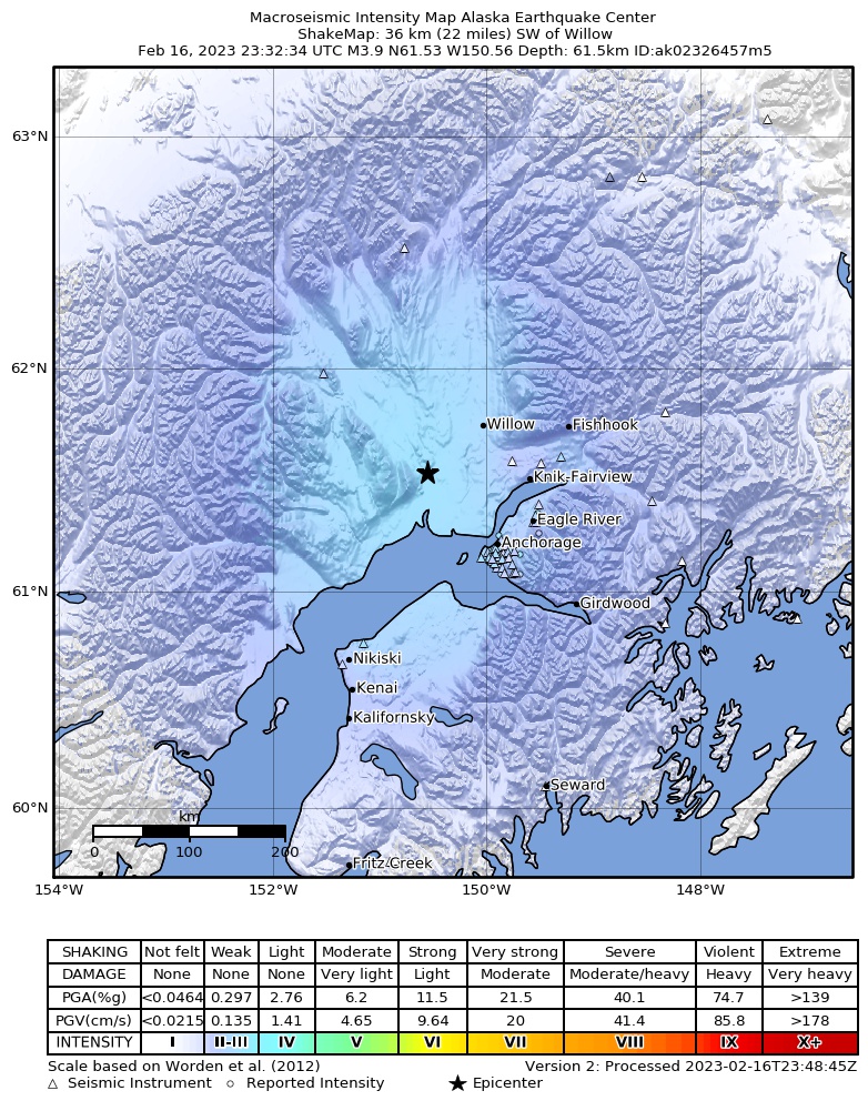 USGS ShakeMap intensity contours for the M4.0 earthquake near 2 km SW of Susitna, Alaska