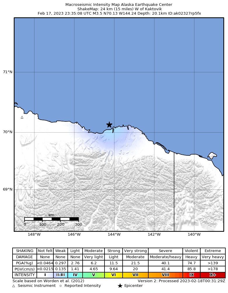 USGS ShakeMap intensity contours for the M3.7 earthquake near 23 km W of Kaktovik, Alaska