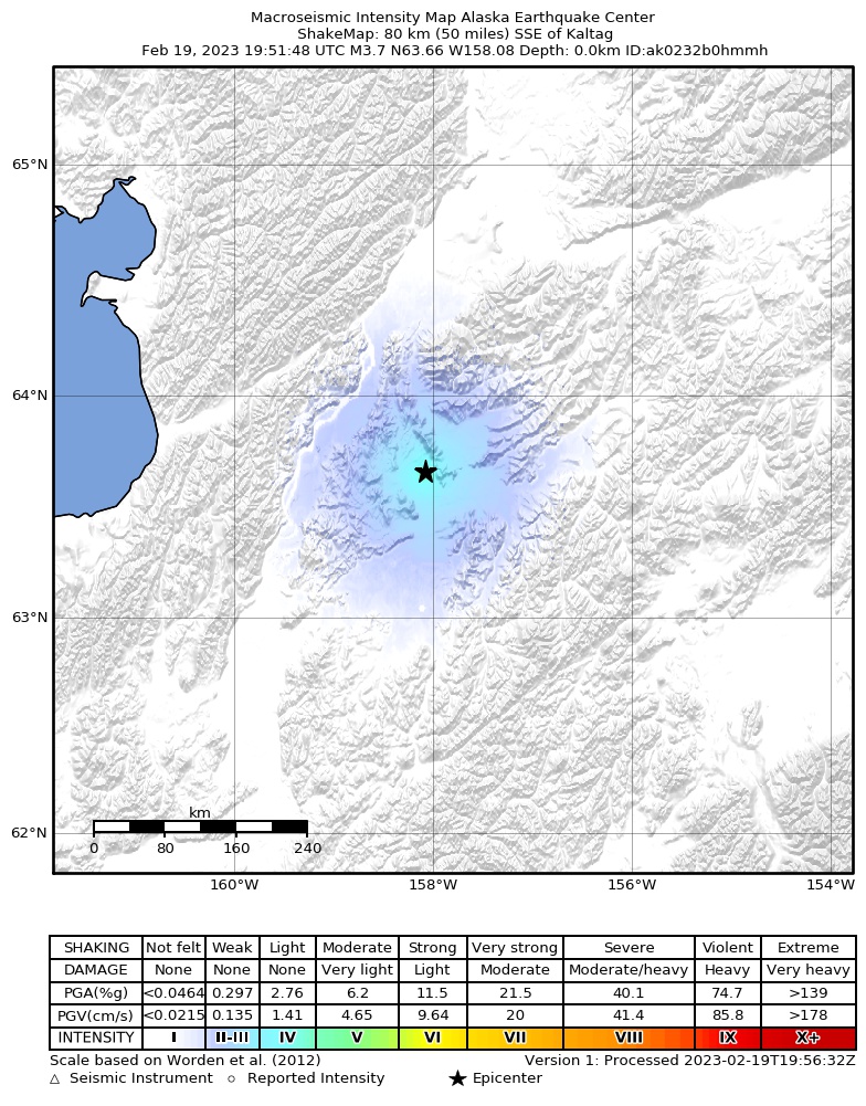 USGS ShakeMap intensity contours for the M3.5 earthquake near 95 km SSE of Kaltag, Alaska