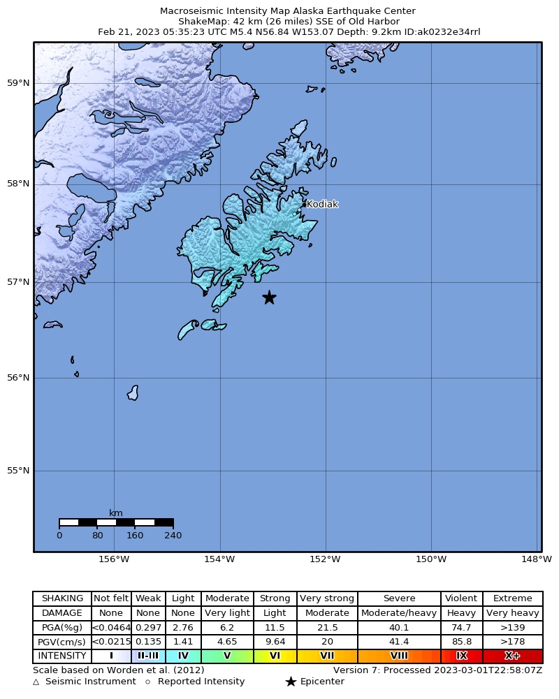 USGS ShakeMap intensity contours for the M5.4 earthquake near 43 km SSE of Old Harbor, Alaska
