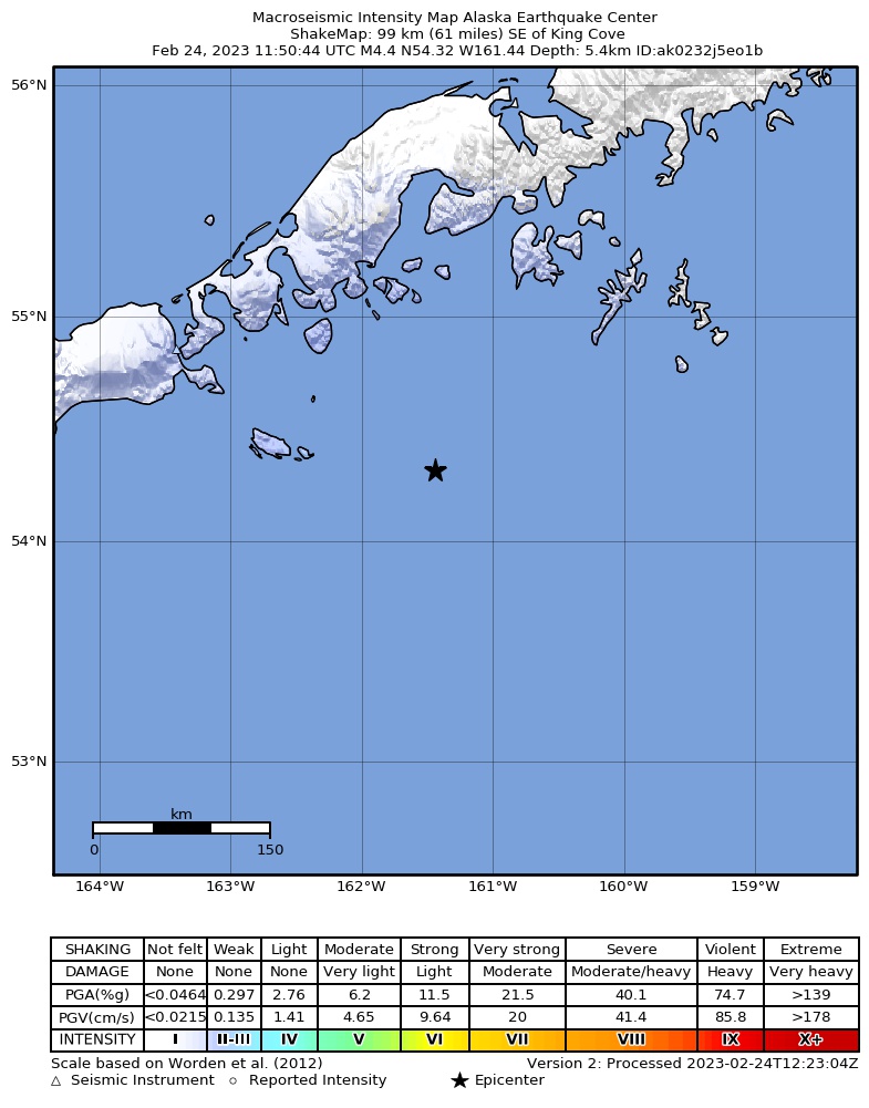 USGS ShakeMap intensity contours for the M4.8 earthquake near 94 km SSE of King Cove, Alaska