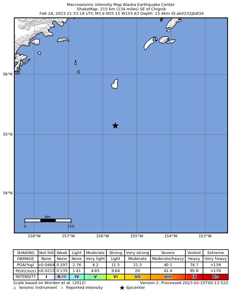 USGS ShakeMap intensity contours for the M3.6 earthquake near 224 km SE of Chignik, Alaska