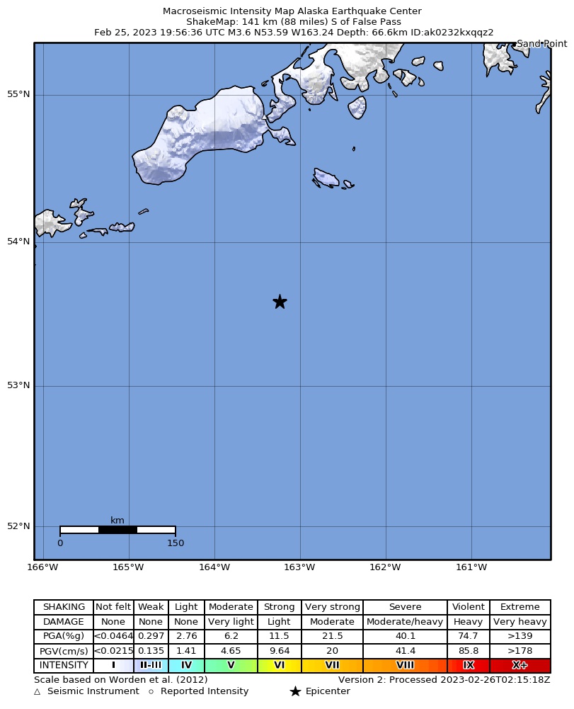 USGS ShakeMap intensity contours for the M4.3 earthquake near 145 km S of False Pass, Alaska