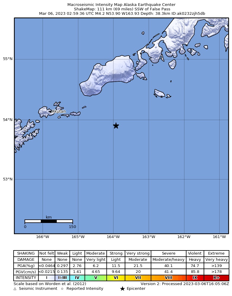 USGS ShakeMap: estimated shaking intensity around the epicenter