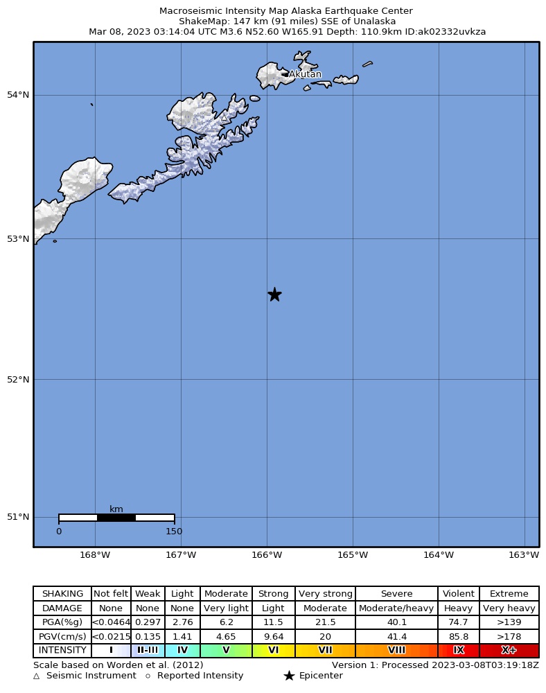 USGS ShakeMap: estimated shaking intensity around the epicenter