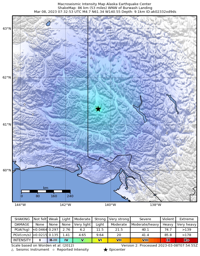 USGS ShakeMap: estimated shaking intensity around the epicenter