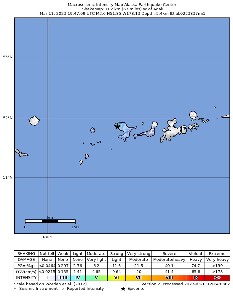 USGS ShakeMap intensity contours for the M4.0 earthquake near 103 km W of Adak, Alaska