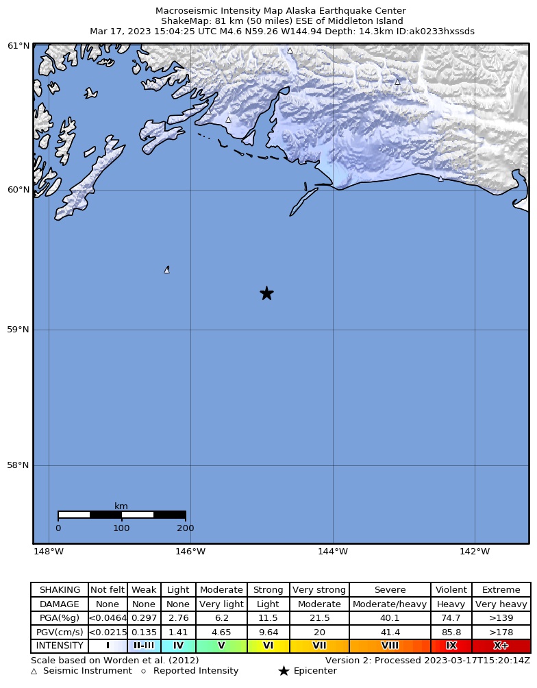 USGS ShakeMap intensity contours for the M4.9 earthquake near 149 km SSE of Cordova, Alaska