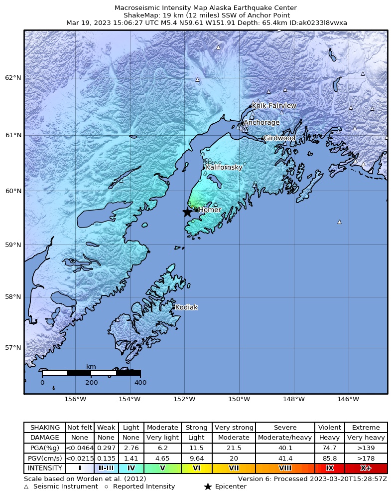 USGS ShakeMap intensity contours for the M5.4 earthquake near 19 km SSW of Anchor Point, Alaska