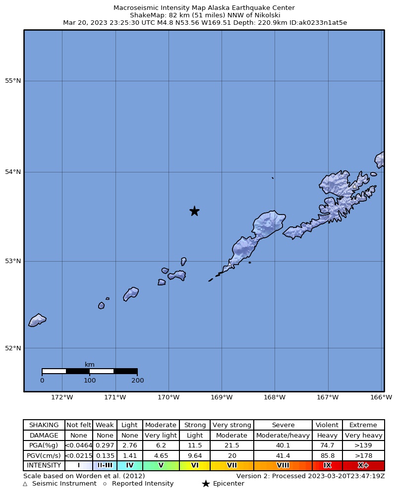 USGS ShakeMap intensity contours for the M4.9 earthquake near 111 km NNW of Nikolski, Alaska
