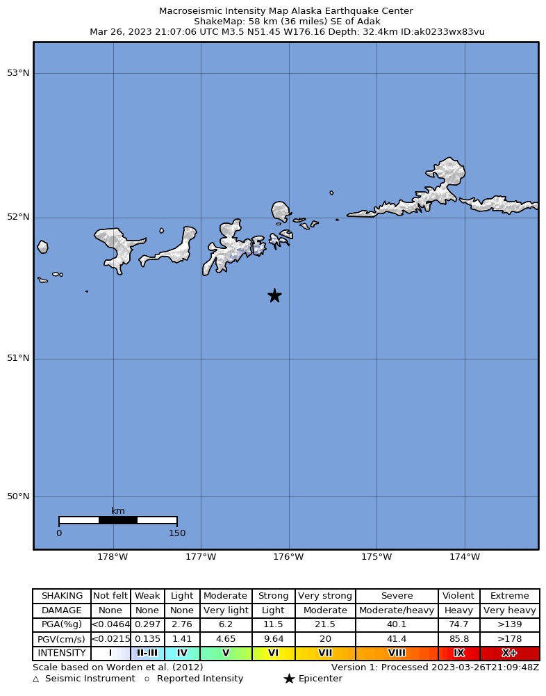 USGS ShakeMap intensity contours for the M3.7 earthquake near 65 km SSE of Adak, Alaska