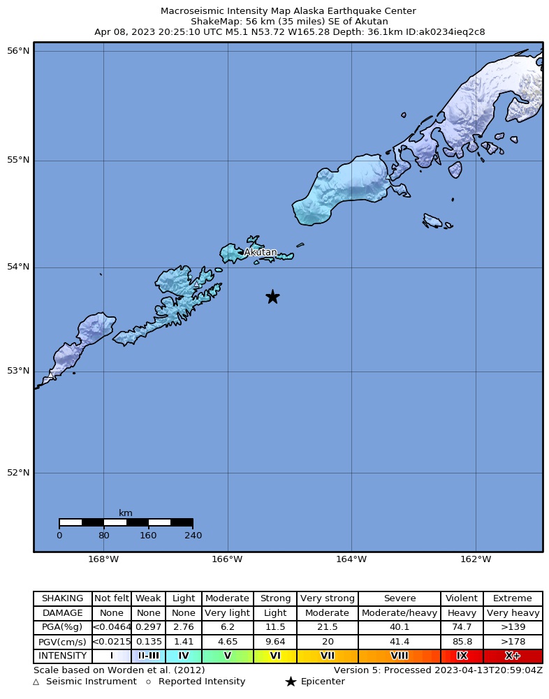 USGS ShakeMap intensity contours for the M4.9 earthquake near Fox Islands, Aleutian Islands, Alaska