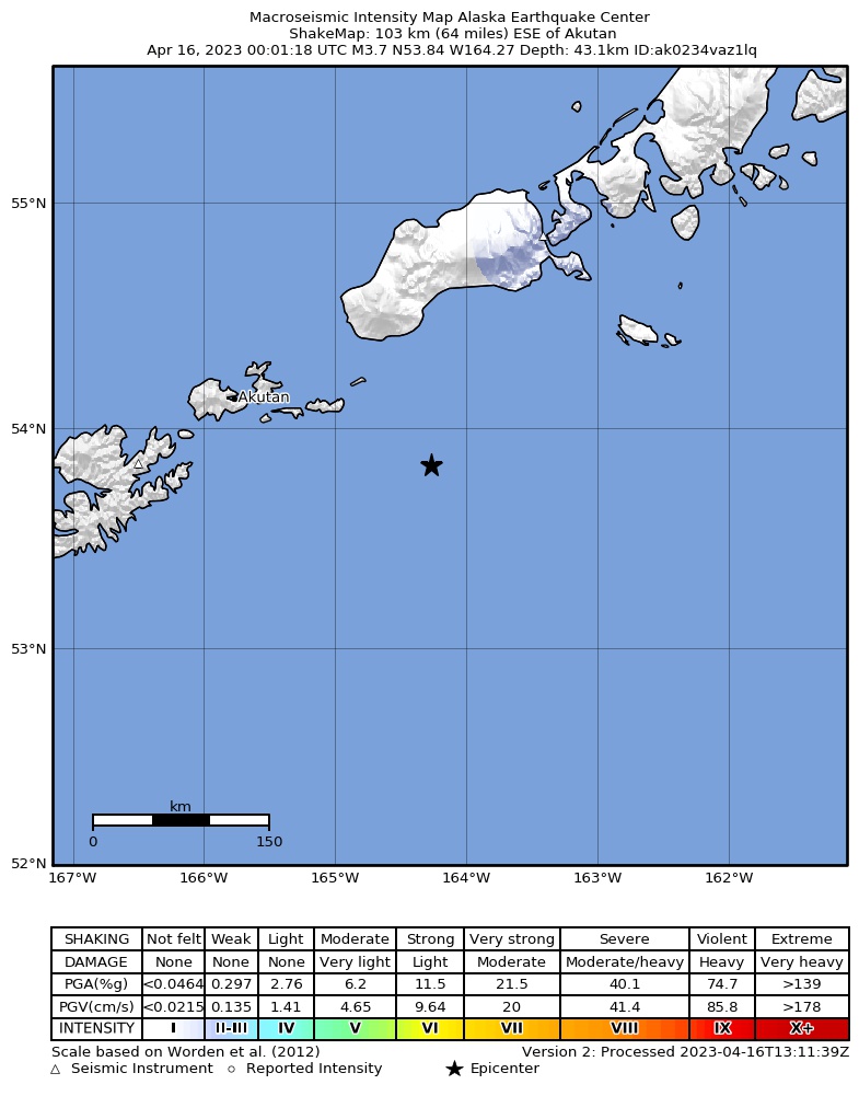 USGS ShakeMap: estimated shaking intensity around the epicenter