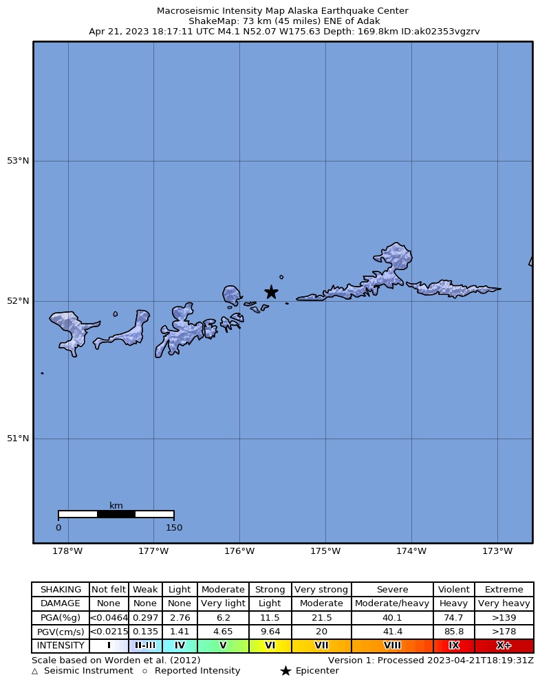 USGS ShakeMap intensity contours for the M4.7 earthquake near 81 km NE of Adak, Alaska