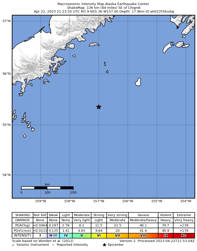 USGS ShakeMap intensity contours for the M3.9 earthquake near 129 km SE of Chignik, Alaska
