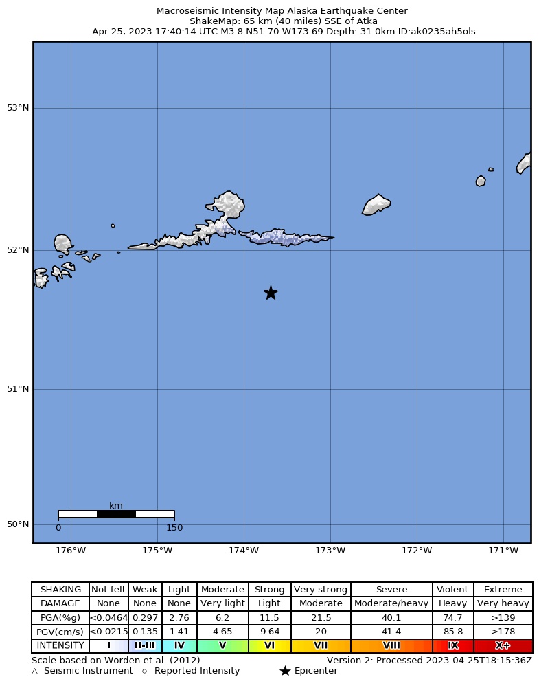 USGS ShakeMap: estimated shaking intensity around the epicenter