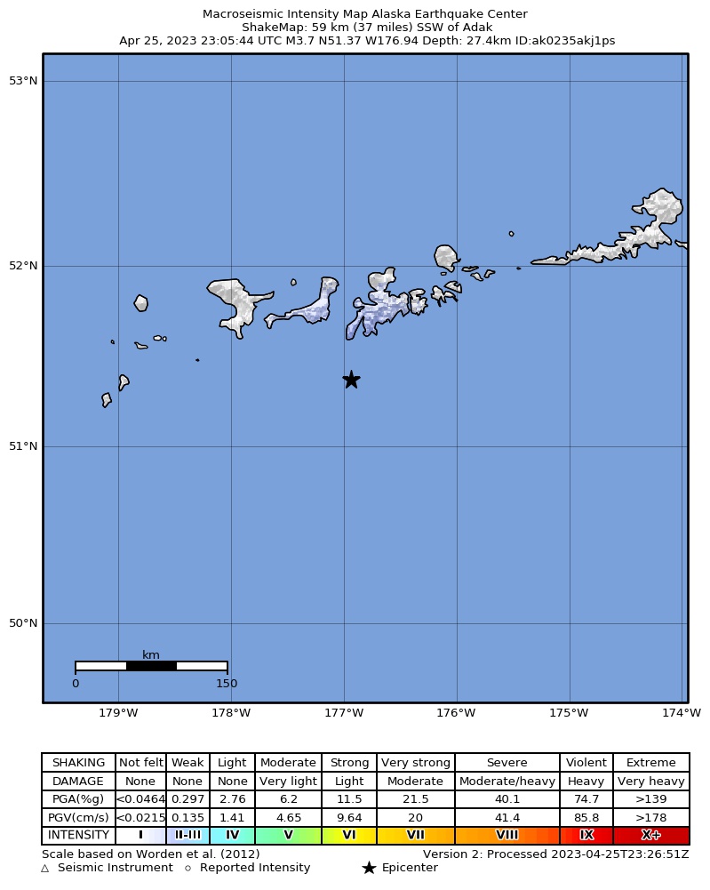 USGS ShakeMap intensity contours for the M3.9 earthquake near 50 km SSW of Adak, Alaska