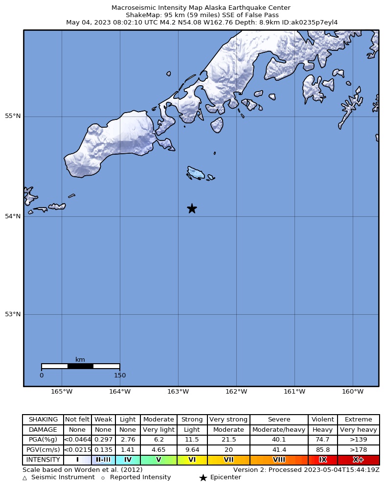 USGS ShakeMap: estimated shaking intensity around the epicenter