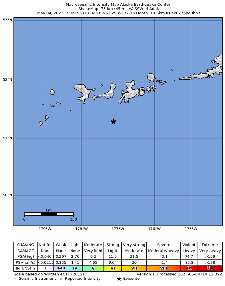 USGS ShakeMap intensity contours for the M3.8 earthquake near 58 km SW of Adak, Alaska